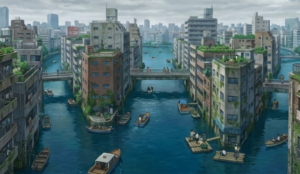 3年間の雨によって面積の3分の1が水没した東京の街並み。変化した環境の中で人々が生活を営む様子を描いた結末の風景。