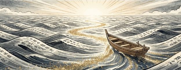 完成した辞書『大渡海』と、朝日へ向かって進む小舟のイラスト。「海に終わりはなく、航海は続く」というメッセージ。