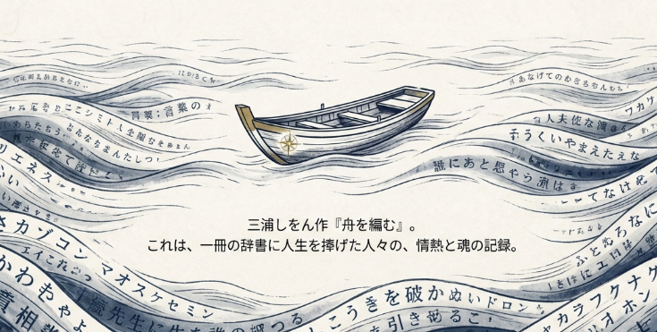 三浦しをん作『舟を編む』の解説スライド表紙。辞書編集部と積み上げられた本のイラスト。