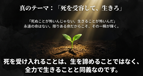 「死ぬことが怖いんじゃない。生きることが怖いんだ」という言葉を引用し、限りある命だからこそ全力で生きるという作品の核心的テーマを解説したスライド