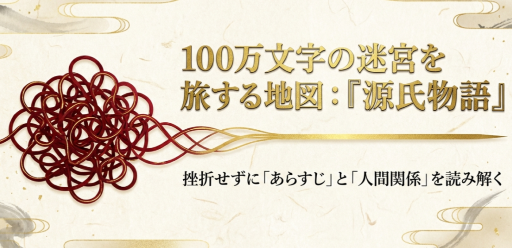 『源氏物語』のあらすじと人間関係を読み解くためのガイドマップ表紙。「100万文字の迷宮を旅する地図」というキャッチコピーと共に、物語の世界観を表現したイラスト。