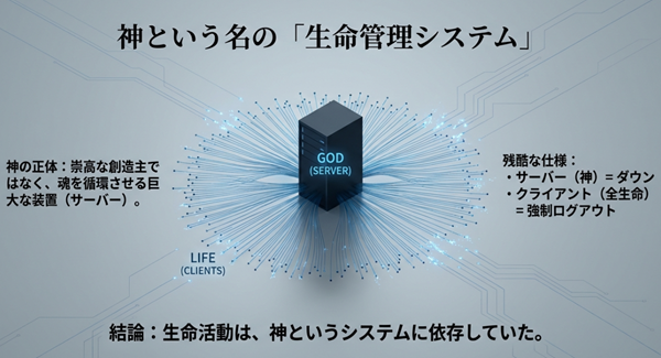 神をサーバー、全生命をクライアントに見立て、サーバーダウン（神の死）により全生命が強制ログアウト（消滅）するシステム構造の図解。