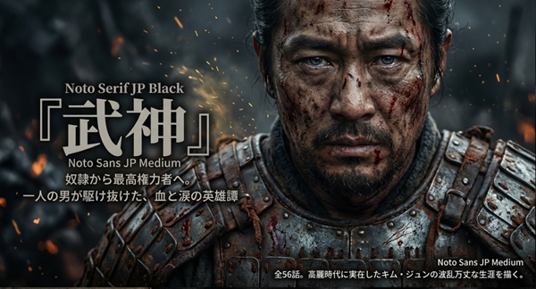 韓国ドラマ『武神』のタイトルスライド。全56話で描かれる、高麗時代に実在した英雄キム・ジュンの波乱万丈な生涯と、血と涙の英雄譚の全体像 。