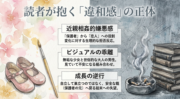 ハチクロの結末に対する違和感の原因として、近親相姦的な嫌悪感、保護者から恋人への役割変化、ビジュアルの乖離、成長の逆行などを挙げた解説スライド