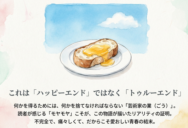 何かを得るために何かを捨てる「芸術家の業」を描いたこの物語は、ハッピーエンドではなくリアリティのある「トゥルーエンド」であると解説したスライド。ハチミツをかけたパンのイラスト。