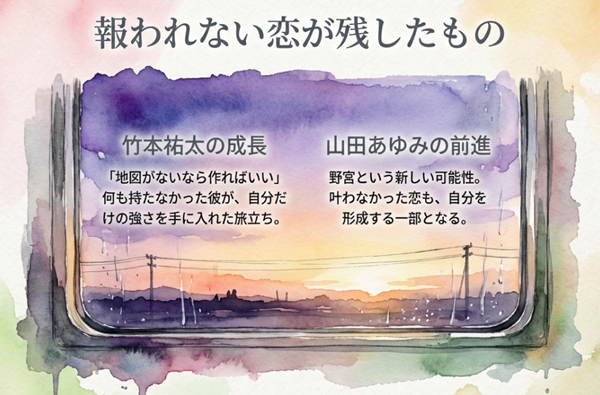 竹本祐太の自分だけの地図を作る旅立ちや、山田あゆみの新しい可能性への前進など、報われない恋がもたらした成長について解説したスライド。