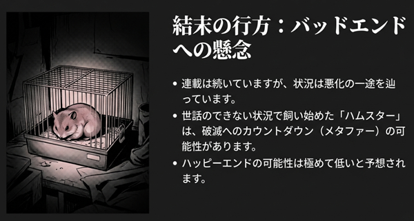 暗い部屋のケージの中にいるハムスターのイラスト。世話ができない状況で飼い始めたハムスターが、破滅へのカウントダウン（メタファー）であることを示唆するスライド。