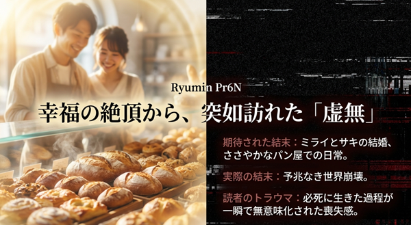 ミライとサキの結婚という幸福の絶頂から、予兆なく世界崩壊と虚無が訪れ、読者にトラウマを与えた経緯の解説図。