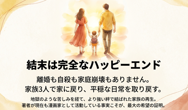 離婚も自殺もなく、家族3人で平穏な日常を取り戻すハッピーエンドの結末と、著者が現在も活動していることが希望の証明であるという解説。
