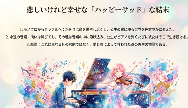 悲劇的な死を描きながらも、公生の見る世界がモノクロからカラフルへと変わったこと、そして音楽の中で彼女が生き続けるという物語の結論をまとめたスライド。