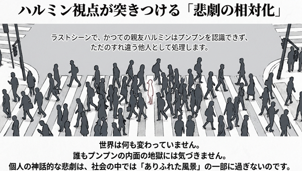 ラストシーンにおけるハルミン視点の意味についての解説テキスト。かつての親友がプンプンを「すれ違う他人」として認識することで、個人の壮絶な悲劇が社会の中では「ありふれた風景」として処理される残酷さを説明。