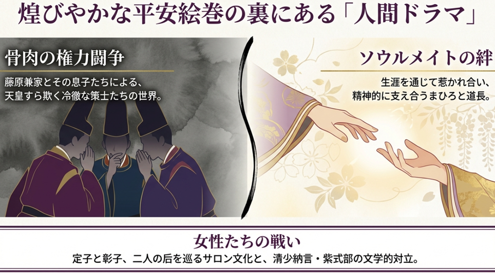 光る君へ』の物語を支える4つの柱、「人間ドラマ」「骨肉の権力闘争」「ソウルメイトの絆」「女性たちの戦い」についての概要解説。