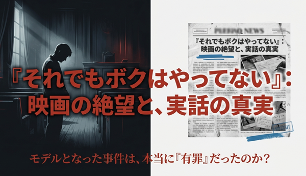 映画『それでもボクはやってない』のタイトルと、映画で描かれた絶望、そして実話における真実を対比させて解説するスライドの表紙。
