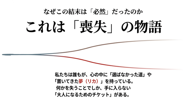 「喪失の物語」としての結論。選ばなかった道や置いてきた夢（リカ）を失うことでしか手に入らない「大人になるためのチケット」についてのメッセージ。