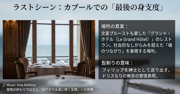 ラストシーンの舞台となったカブールのレストラン「ル・バルベック」と、ドリスがフィリップに行った「最後の身支度」の意味についての解説。