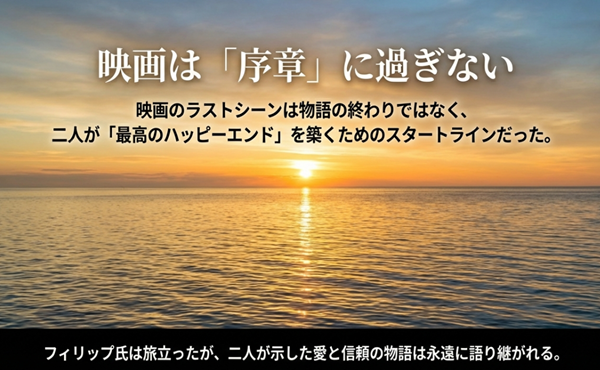 映画のラストシーンは物語の終わりではなく、二人が最高のハッピーエンドを築くためのスタートラインだったことを示す結論のスライド。