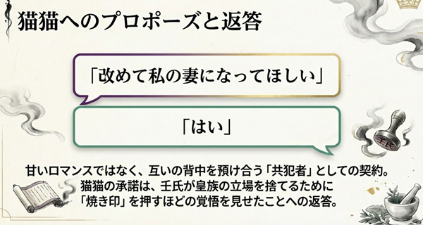 「改めて私の妻になってほしい」という言葉と、甘いロマンスではなく共犯者としての契約を結ぶ二人の関係性を解説したスライド。
