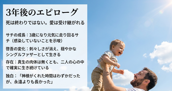 真生の死から3年後、元気に育つ娘サチと、穏やかな表情の啓吾。死は終わりではなく愛が続いていることを示すエピローグの解説。