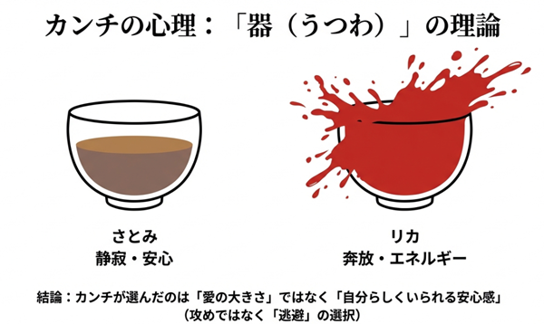 カンチという「器」に対し、リカの奔放なエネルギーは溢れてしまうが、さとみの静寂な愛は満たされる様子を描いた比較図。カンチの選択が「逃避」であったことを示唆。