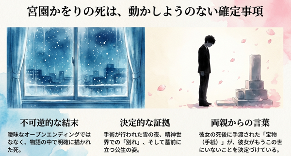 喪服姿で墓前に立つ有馬公生のイラストとともに、宮園かをりの死が曖昧なオープンエンディングではなく、物語上で確定した事実であることを解説した図。