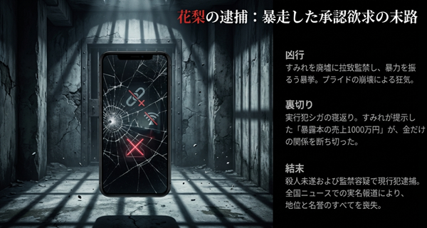 ドラマ最終回で描かれた、花梨の拉致監禁の凶行、協力者の裏切り、そして現行犯逮捕による地位の喪失を図解したスライド。