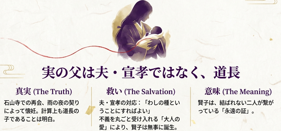 まひろの娘・賢子の実の父親が道長であるという真実と、それを不義と知りながら丸ごと受け入れた夫・宣孝の「大人の愛」についての詳細解説。