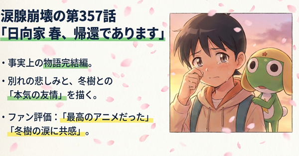 アニメ第357話「日向家春、帰還であります」における冬樹の涙とケロロとの絆を描いた感動的なシーンと、ファンの高評価コメントをまとめた解説図。