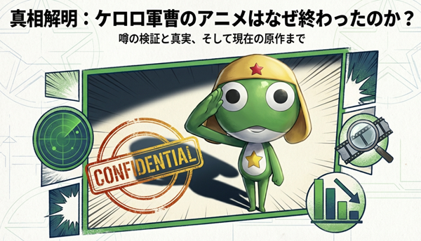 ケロロ軍曹のアニメ終了理由の真相解明、噂の検証、そして2026年現在の原作漫画の状況までを網羅的に解説するスライドの表紙。