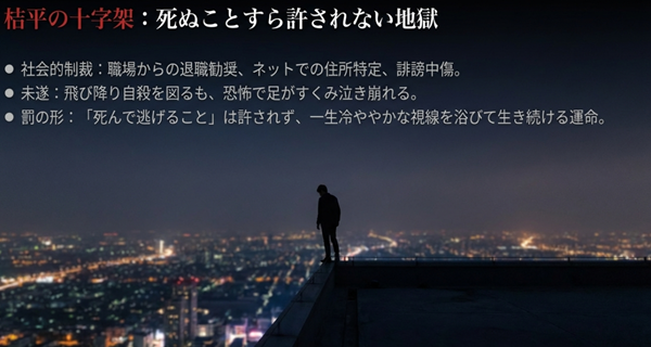 元夫・桔平が受けた社会的制裁と、自殺未遂の末に「生きて償う」という地獄を背負うことになった結末の解説図。