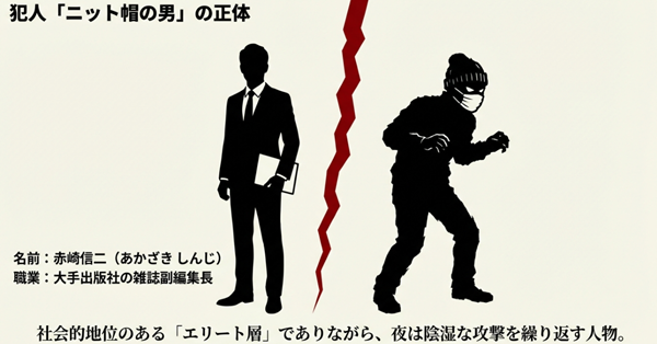 ニット帽の男の正体が大手出版社副編集長の赤崎信二であることを示す図。エリート会社員としての昼の顔と、ストーカーとしての夜の顔のギャップをシルエットで対比。