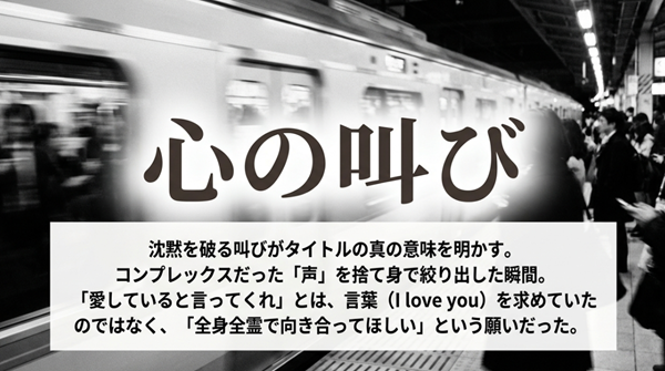 「心の叫び」という見出しと共に、晃次がコンプレックスだった声を捨て身で絞り出した心理と、タイトルの本当の意味について解説したスライド。