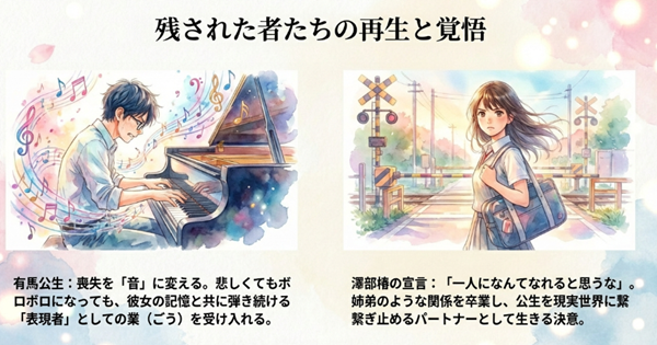 喪失を音に変えて生きる有馬公生の覚悟と、彼を支え続けることを宣言した澤部椿の成長、それぞれの再生と未来について解説した図。