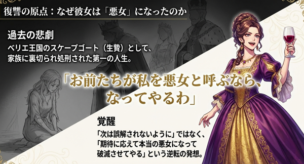 ベリエ王国の生贄として処刑された第一の人生と、逆行転生後に「期待に応えて本当の悪女になってやる」と覚醒したラースの決意を描いた解説画像。
