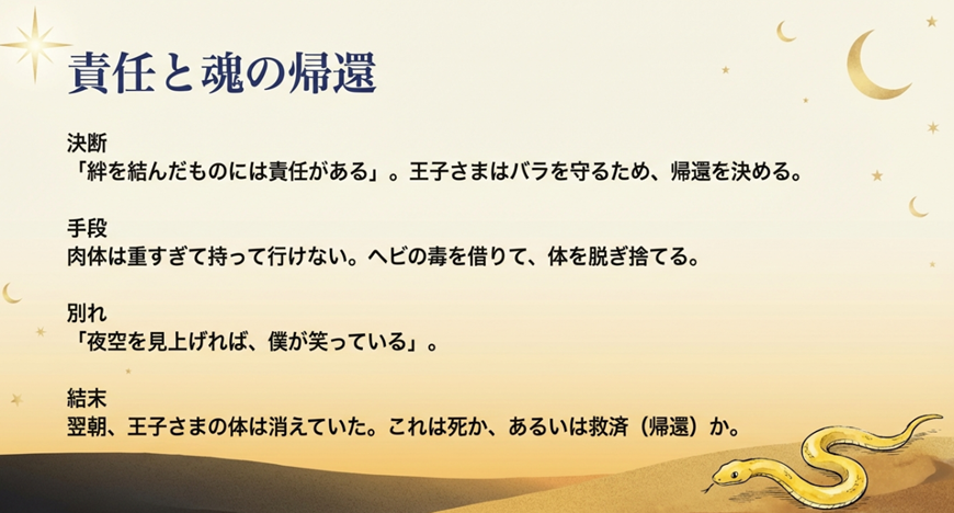 星の王子さまの最終回におけるヘビの役割と魂の帰還