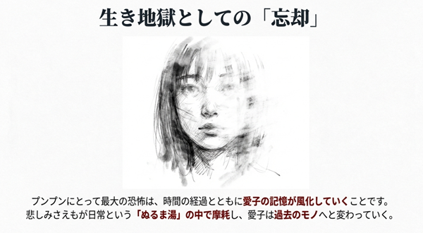 田中愛子のスケッチ風イラスト。プンプンにとって最大の恐怖は、時間の経過とともに愛子の記憶や悲しみが日常の中で摩耗し、アイデンティティを失っていく「終わらない拷問」であることを示した図。