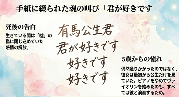 死後に託された手紙の中で、生前は隠し続けていた「有馬公生君が好きです」という感情がついに解放された瞬間と、5歳からの憧れについて解説した図。