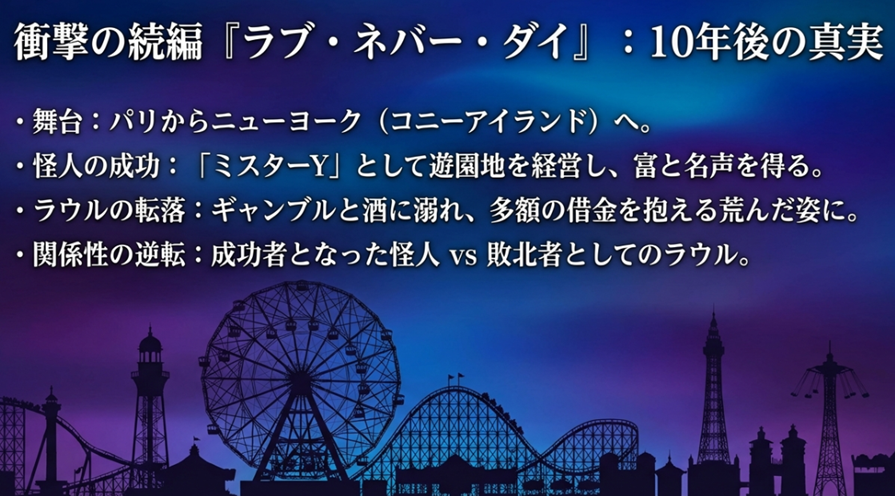 続編『ラブ・ネバー・ダイ』のあらすじと10年後のコニーアイランドにおける怪人とラウルの関係性の変化