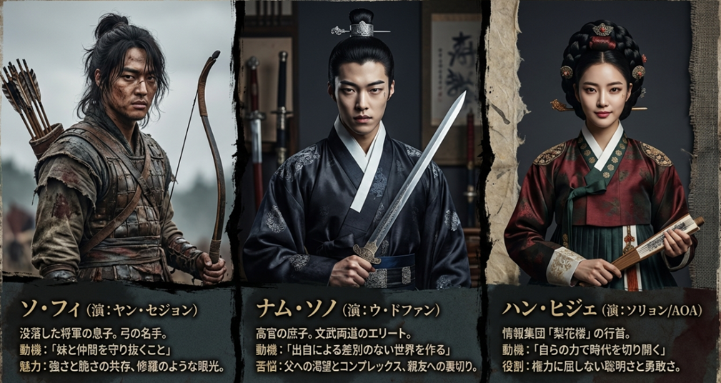 ソ・フィ（守るべきもの）、ナム・ソノ（差別なき世界）、ハン・ヒジェ（時代を切り開く力）の3人のキャラクター背景と動機をまとめた解説図。