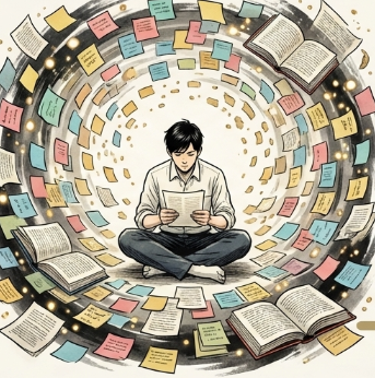 辞書編集部員・馬締光也のイラスト。言葉の海に没頭する天才的な集中力と、コミュニケーションが苦手な性格の紹介。