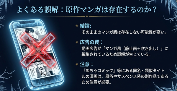 動画広告がマンガ風に編集されていることによる誤解や、めちゃコミック等にある同名別作品（風俗・サスペンス系）への注意喚起をまとめた解説図。