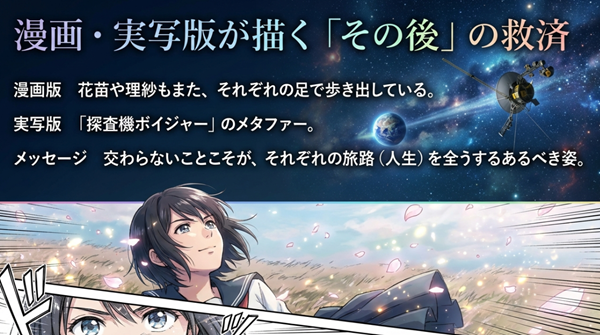 漫画版における花苗や理紗の自立した歩みと、実写版における探査機ボイジャーのメタファー（交わらないことこそがあるべき姿）についての解説図。
