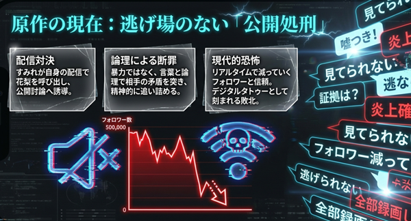 原作漫画の最新展開である「配信対決」と、論理的な断罪によってフォロワー数が激減していく現代的な恐怖を描いたスライド。