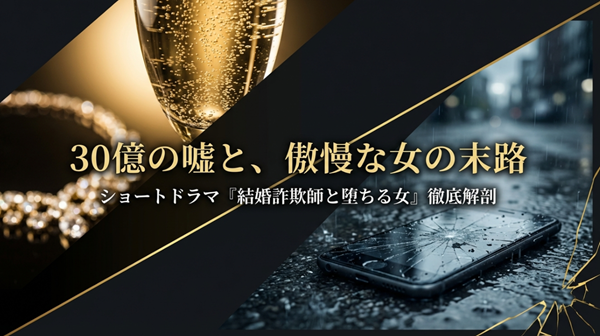 ショートドラマ『結婚詐欺師と堕ちる女』の解説スライド表紙。ワイングラスを持つ傲慢な女性と背後の男性の影が描かれ、30億の嘘と末路を暗示している。