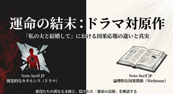 割れた鏡と人影のシルエットが描かれたスライド表紙。「運命の結末：ドラマ対原作」というタイトルで、作品のテーマである運命の改変を象徴している。