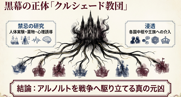 不気味な大聖堂から伸びる黒い根が、各国の城や王冠に深く絡みついている様子を描いた、クルシェード教団による禁忌の研究と各国中枢への浸透・支配構造を表すイラスト。