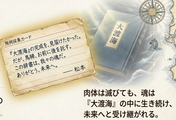 亡くなった松本先生の用例採集カード。後継者である馬締への感謝と「ありがとう、未来へ」というメッセージ。