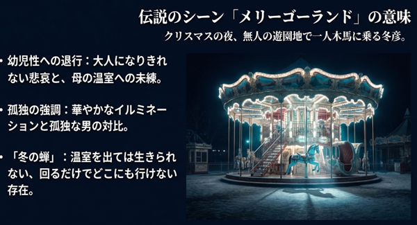 クリスマスの夜に一人木馬に乗る冬彦のシーンが意味する「幼児性への退行」「孤独」「冬の蝉」という心理描写の解説。