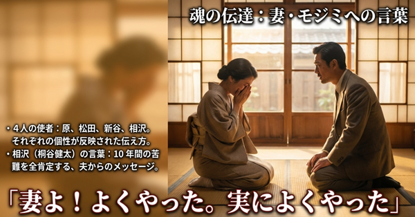 相沢（桐谷健太）が伝えた「妻よ！よくやった」という言葉が持つ意味と、10年間の苦難を全肯定された妻・モジミへの魂の伝達についての解説。