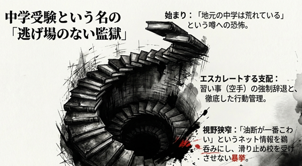 地元中学への恐怖から始まり、習い事の強制辞退や徹底した行動管理、滑り止めを受けさせない暴挙へと至る教育虐待のプロセス図。