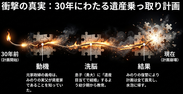 元家政婦の義母がみのりの実父の資産を狙い、息子を洗脳して結婚させた「30年計画」の動機から崩壊までを解説したフローチャート。